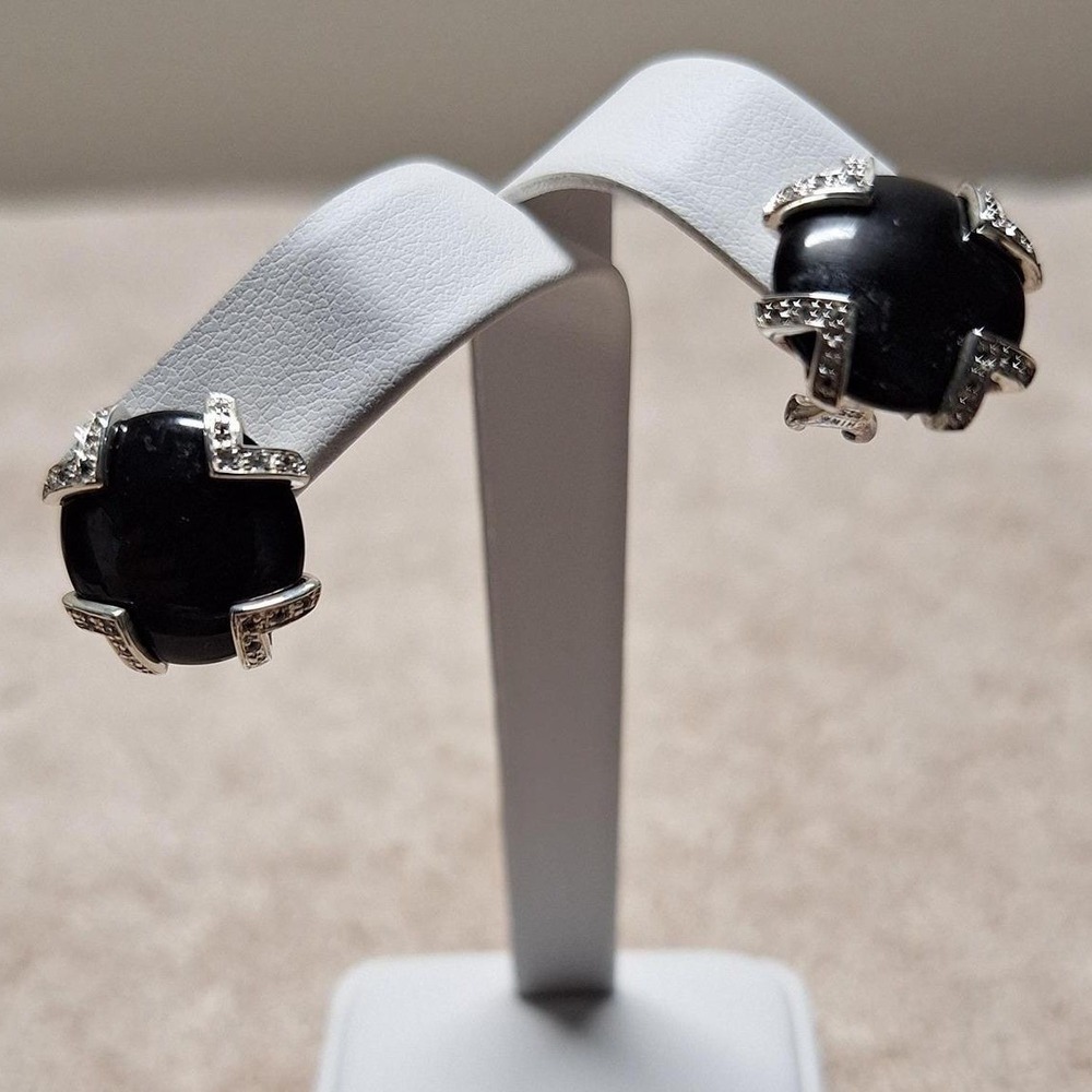 Sterling silver black onyx button earrings with white topaz accents omega backs